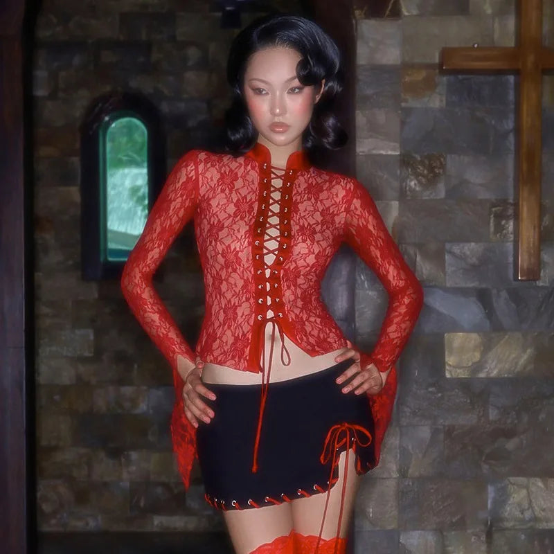 Red See Through Lace Top