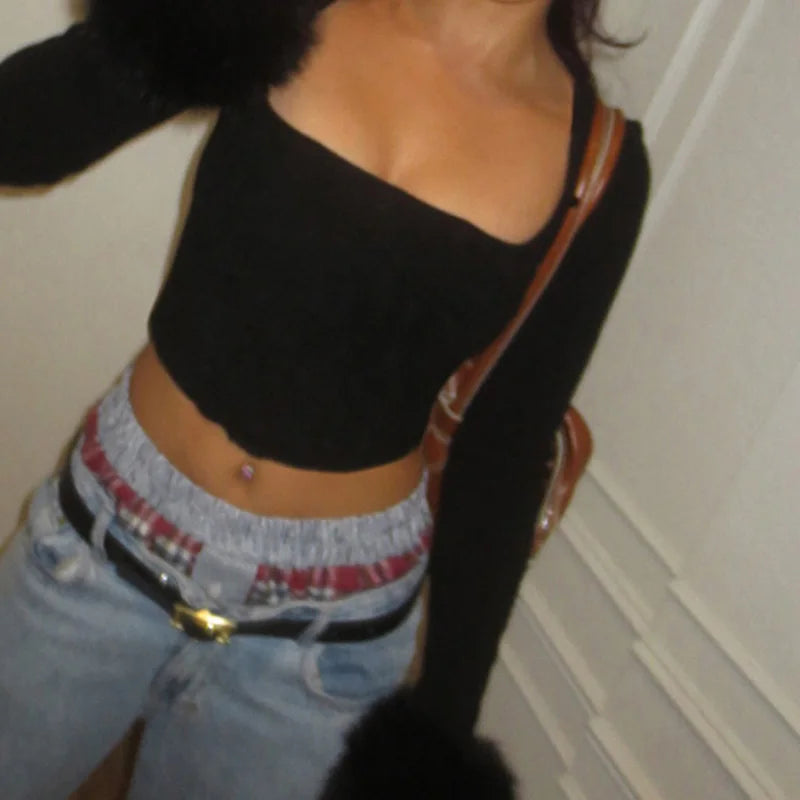 Square Collar Tee Shirts Crop Top Long Sleeves Fur Cuff Slim Kintted