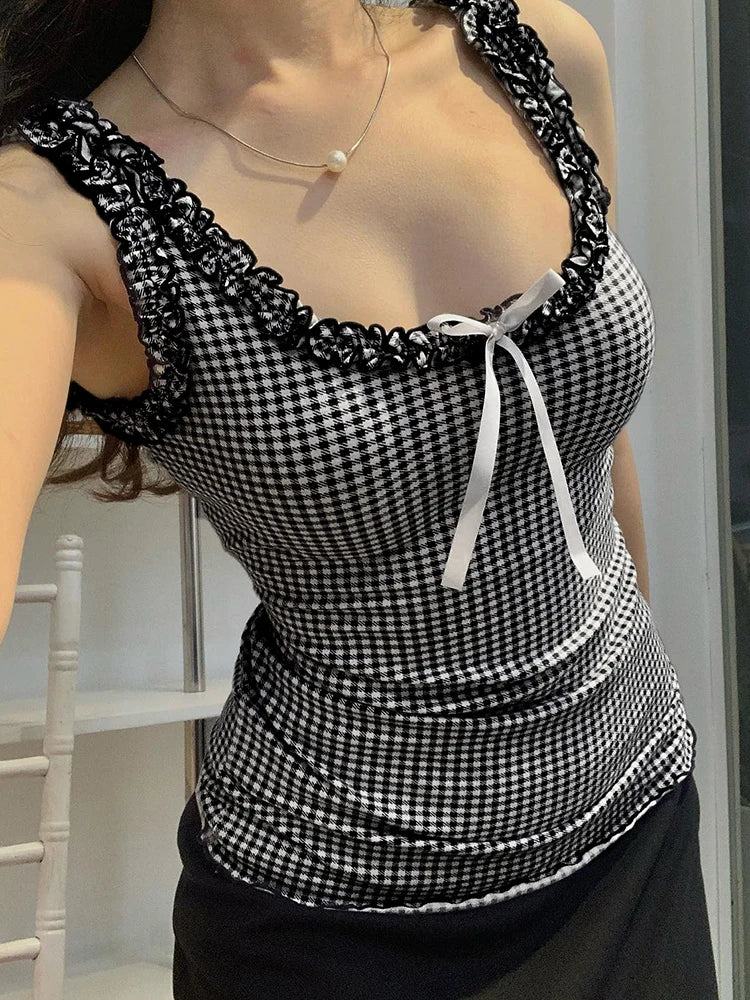 Plaid Bow Ruffles Top