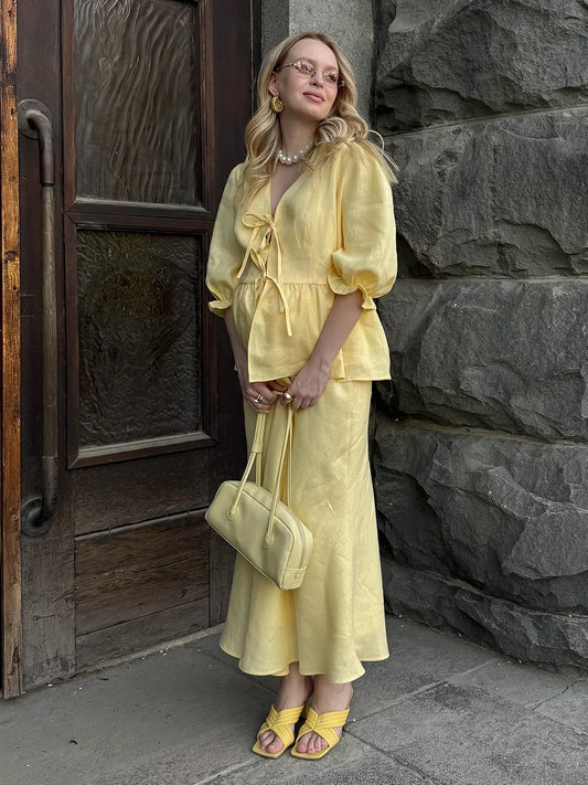 Yellow Cotton Short Sleeve Top and High Waist Midi Skirt Set