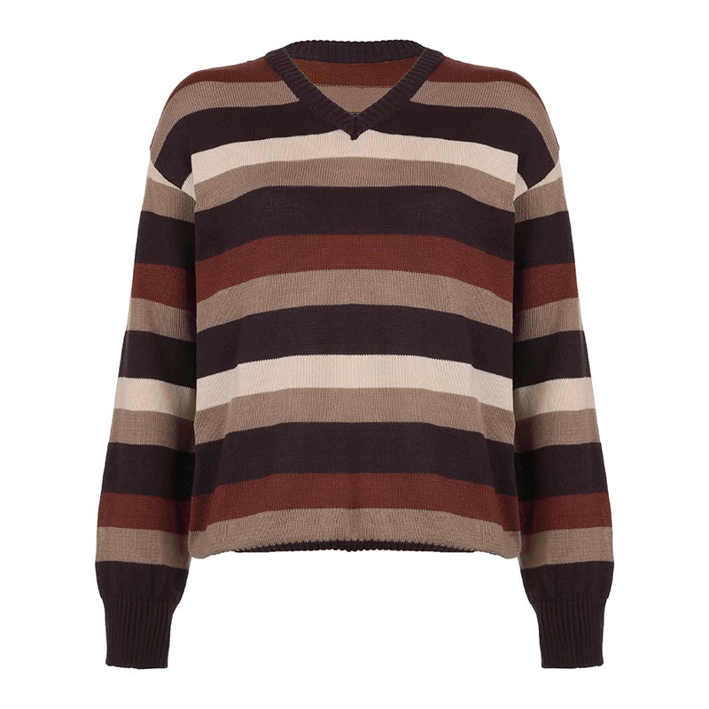 Retro V-neck Striped Sweaters Loose Pullovers Top