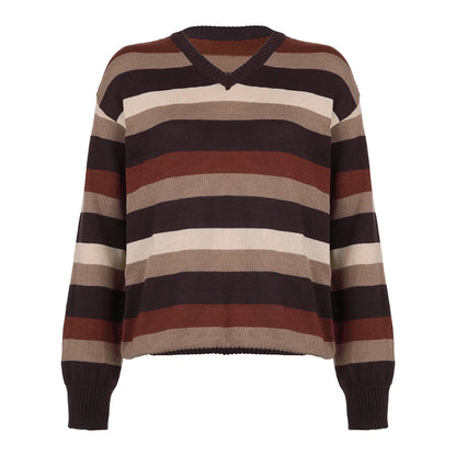 Retro V-neck Striped Loose Pullover Sweater Brown