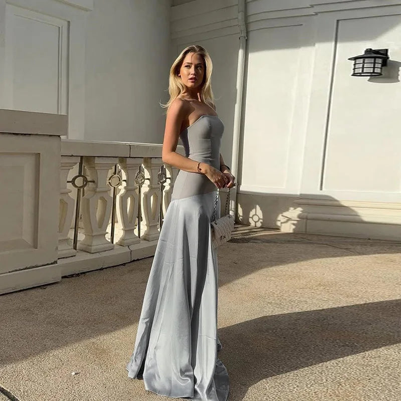 Gray Satin Strapless Backless Maxi Flowy Dress