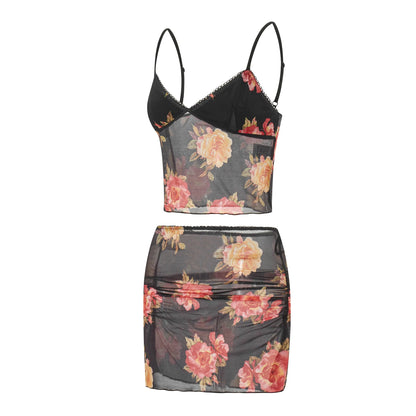 Sleeveless V Neck Cami Top & Flower Print Mini Skirt Set