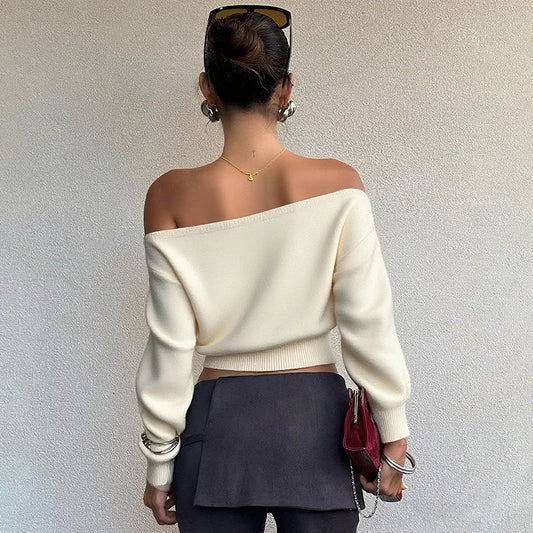 Inclined Shoulder Long Sleeve Slim Sweater