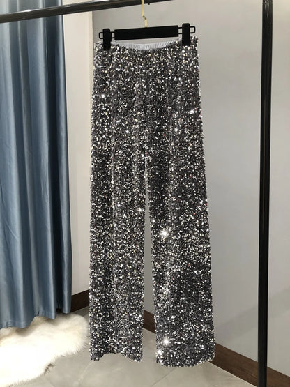 Trendy Sparkling Gold High-Waist Wide-Leg Pants Dark Grey