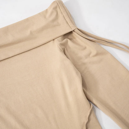 Khaki Off Shoulder Pleated Long Sleeve Top