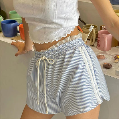 Striped Lace Elastic Waist Shorts