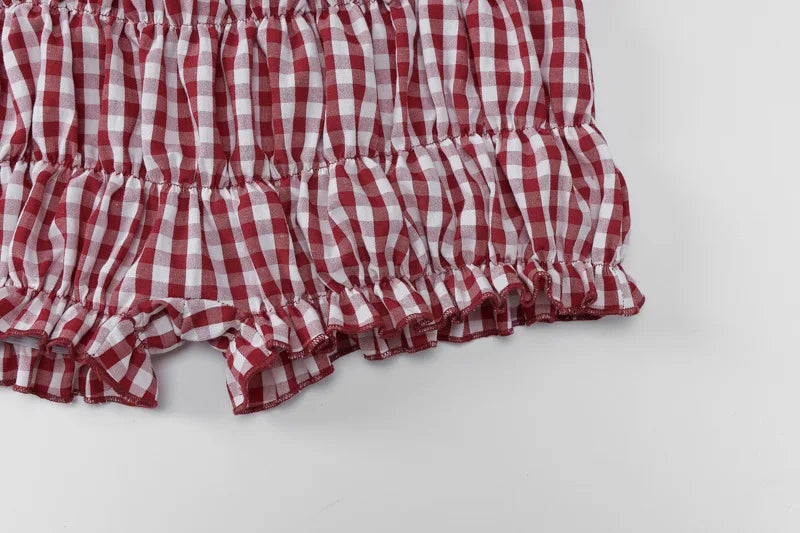 Red Backless Plaid Top Shorts Two Piece Set
