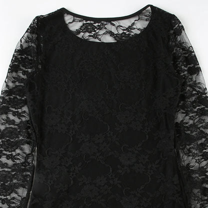 Lace Patchwork Slim Fit Crewneck Tee Black Top
