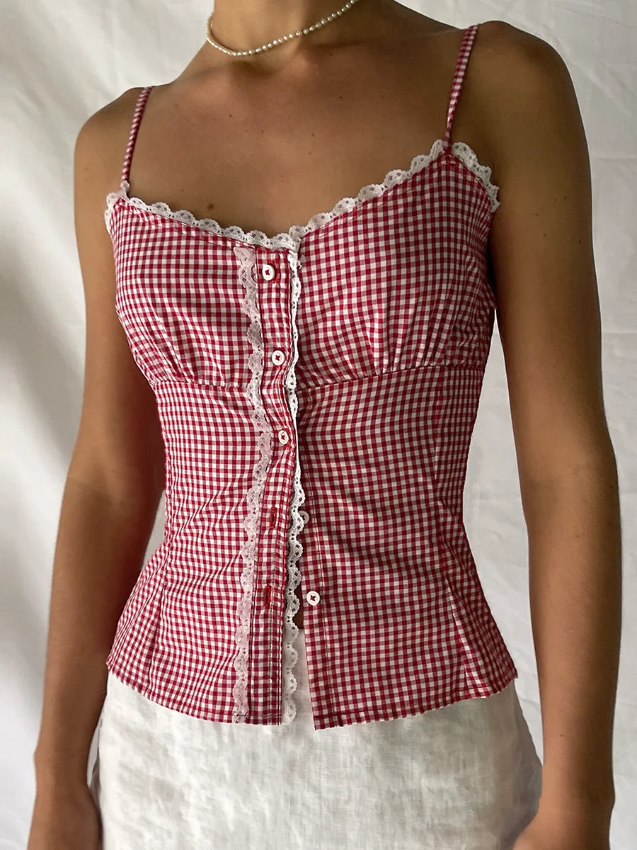Plaid Lace Backless Slim Tank Top