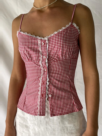 Plaid Lace Backless Slim Tank Top
