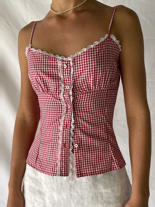 Plaid Lace Backless Slim Tank Top