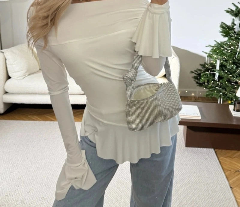 Ruffled Solid Flare Sleeve Off Shoulder Pullover T-shirt Top