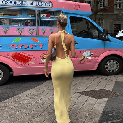 Yellow Slim Sleeveless Backless Halter Long Dress