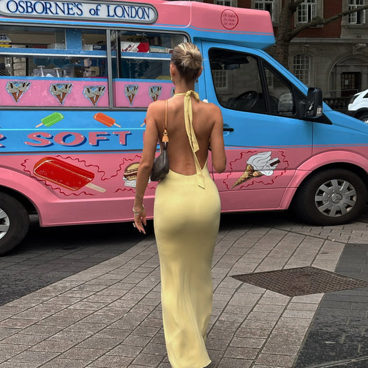 Yellow Slim Sleeveless Backless Halter Long Dress