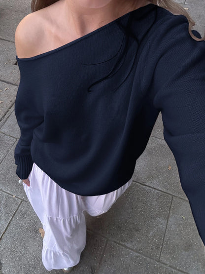 Skew Collar Knit Pullover - Loose All-Match Sweater
