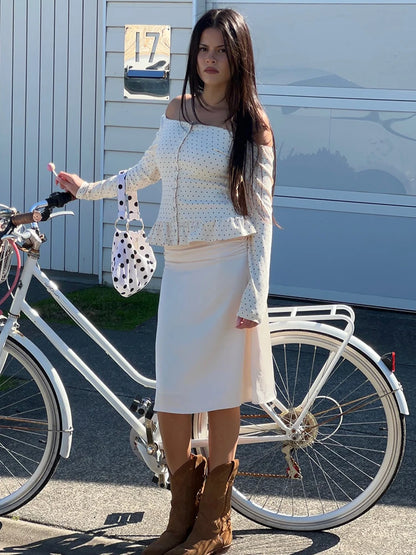 White Polka Dot Off Shoulder Long Sleeve Top