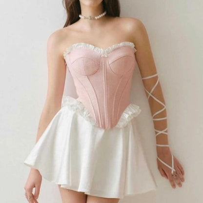 Sweet Patchwork Fish Bone Strapless Crop Top