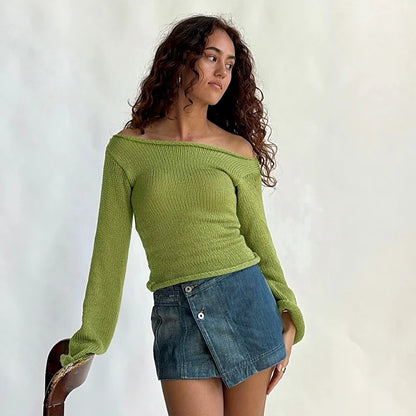 Knit Off Shoulder Slim Long Bell Sleeve Sweater