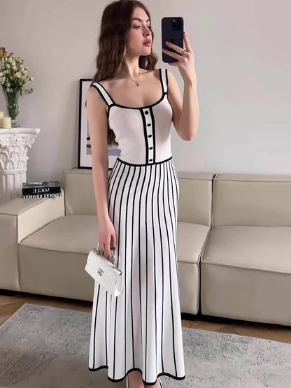 Knit Backless Spaghetti Strap A-line Dress - White