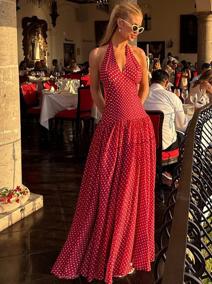 Red Polka Dot Halter Backless A-Line Maxi Dress