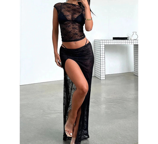 TwoPiece Lace See-through Cover Ups Set Sheer Cap Sleeve Backless Crop Top Low Waist High Slit Long Skirt