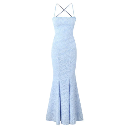 Square Neck Backless Suspender Dress with Fish Tail Blue