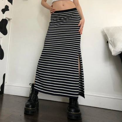Strip Long Skirt with Chic Slit Design