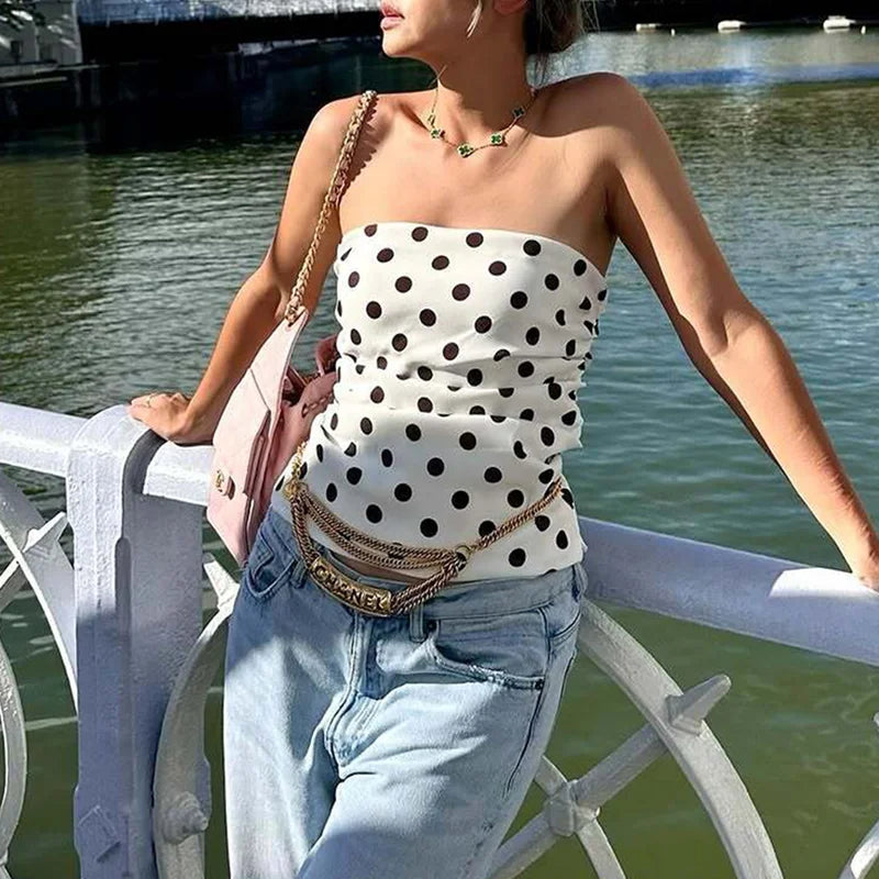 White Backless Slim Ruched Polka Dot Tank Top