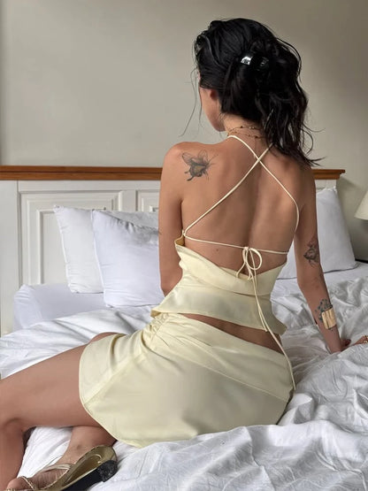 2-Piece Cross Halter Lace-Up Mini Skirt Set