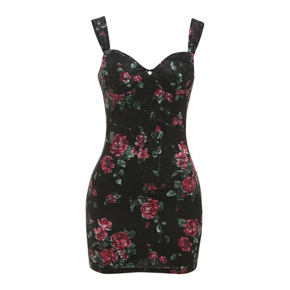 Flower Print Backless Mini Bodycon Dress Black