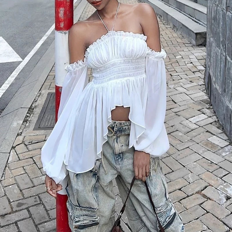 White Off Shoulder Long Sleeve Crop Top