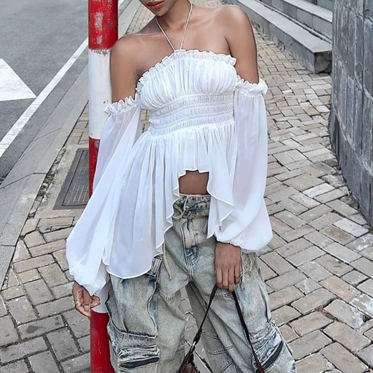 White Off Shoulder Long Sleeve Crop Top