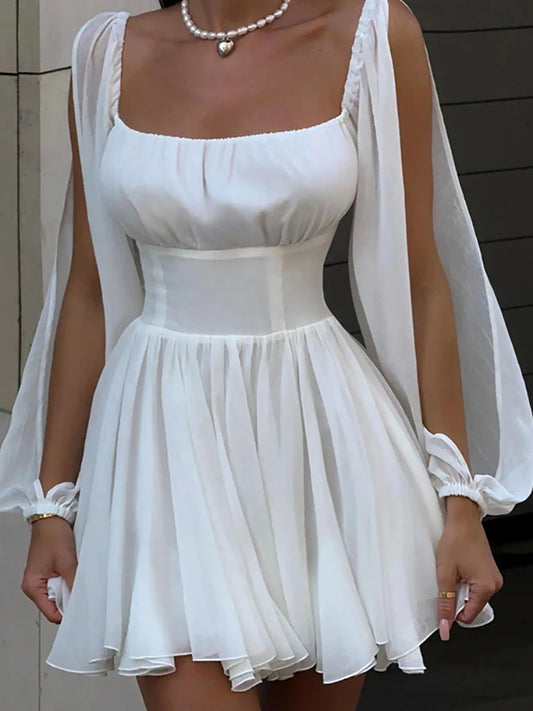 Square Collar Hollow Out Dress White Long Sleeve Mini Dress Slim Dress