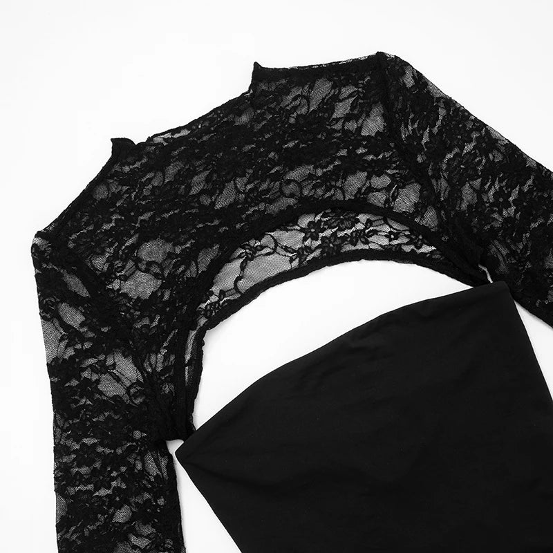 Black Round Neck Lace Hollow Long Sleeve Top