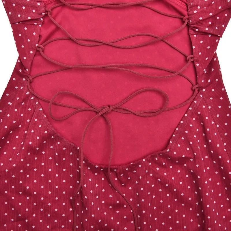 Red Polka Dot Chiffon Backless Mini Dress