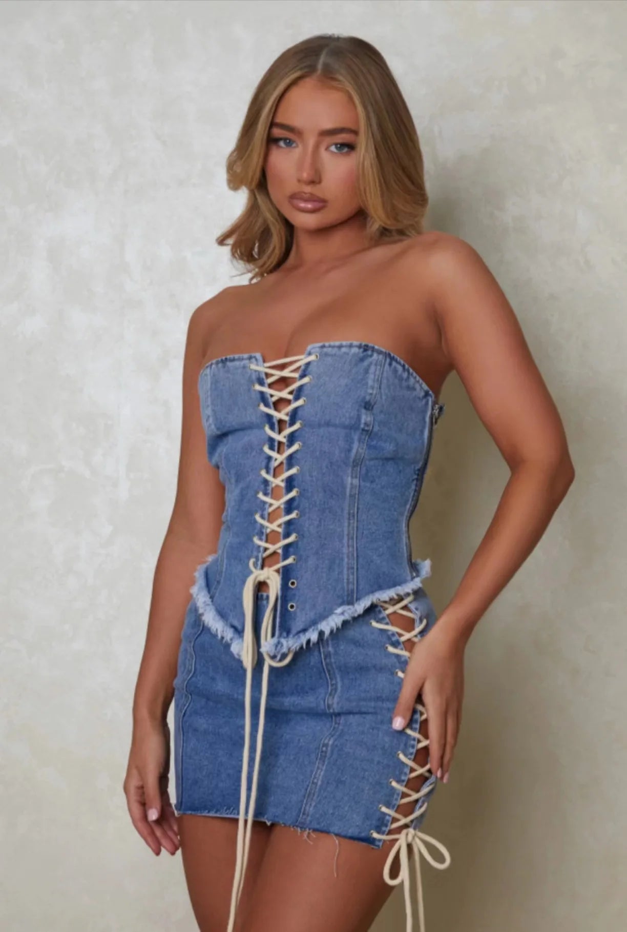Denim Drawstring Strapless Top