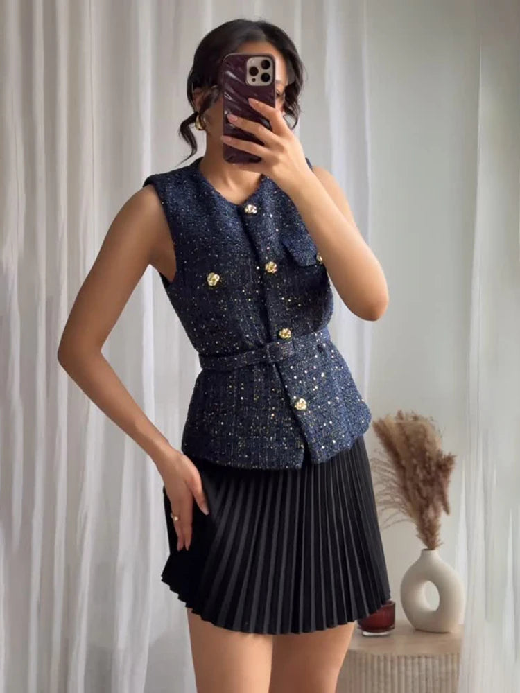 Twe Vest Coat With Belt O Neck Sleeveless Front Button Jacket Coat Outer Sequin Vest Top