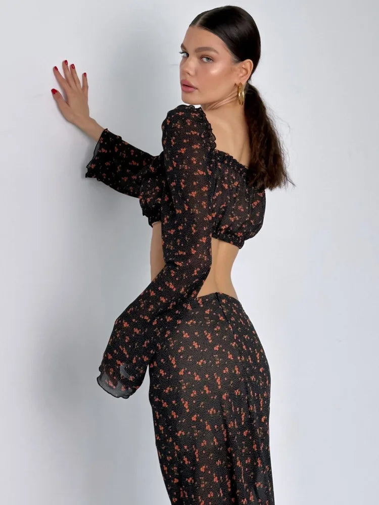 Floral Top and Maxi Skirt Two Piece Set