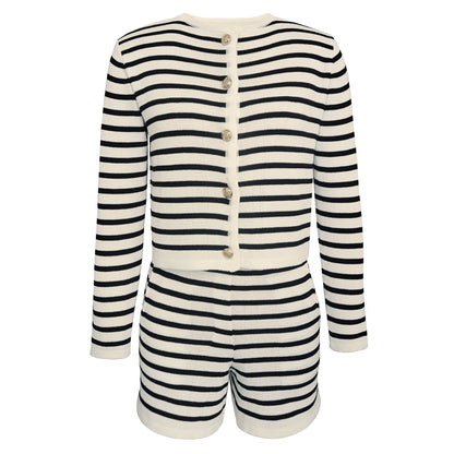 Striped Knit 2 Piece Set: Zebra Cardigan & High Waist Shorts
