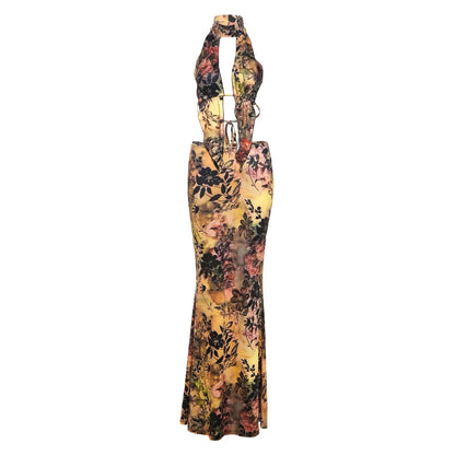 Green Halter Backless Top & Maxi Skirt Set
