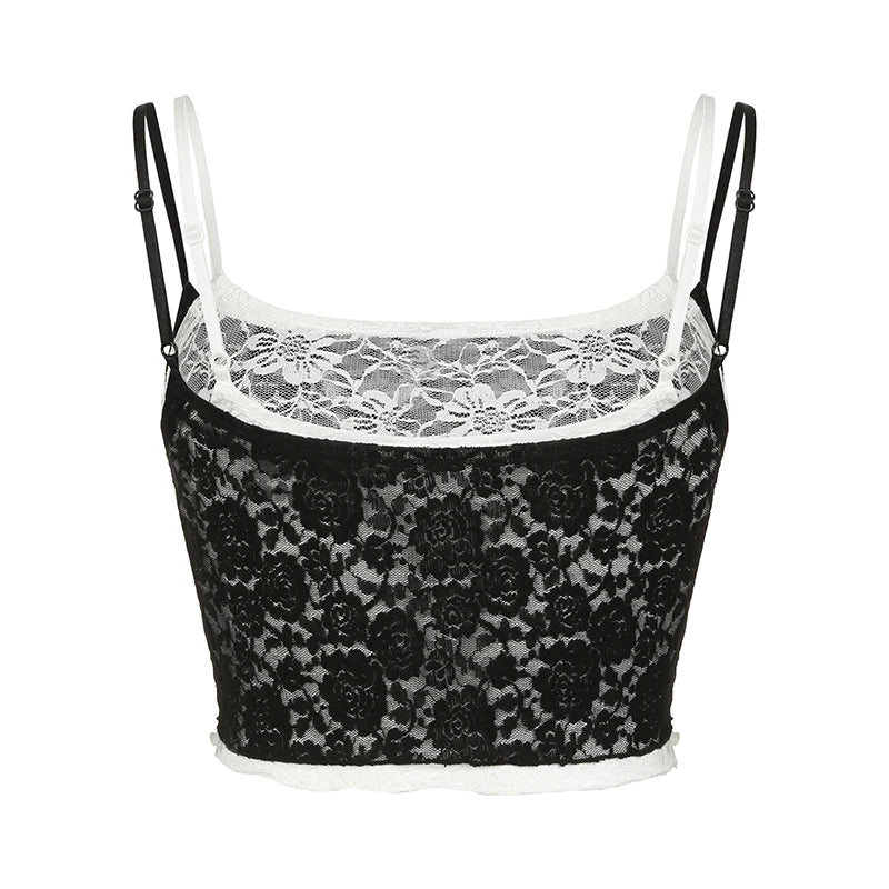 Transparent Cropped Camisole Two-layers Lace Bustiers Adjustable Straps Slim 's Shirts