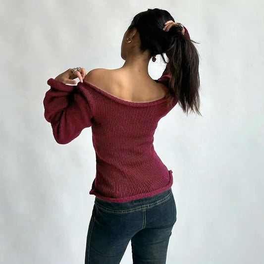 Knit Off Shoulder Slim Long Bell Sleeve Sweater