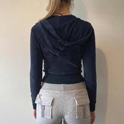 Velvet Zip-Up Hooded Jacket with Front Pockets