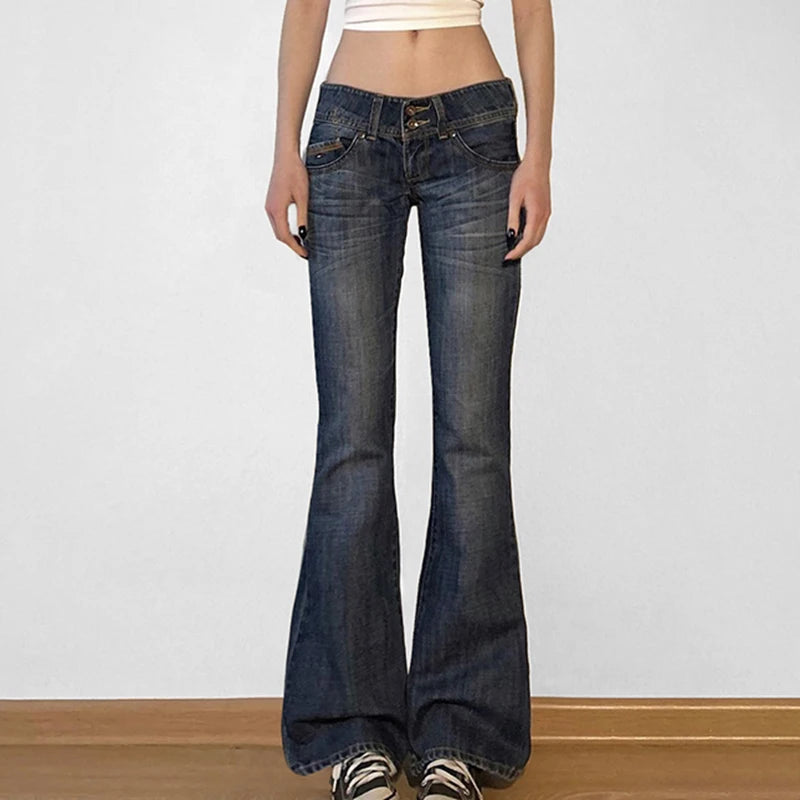 Low Waisted Washed Flared Jeans Button Pants Slim Pockets Bottoms
