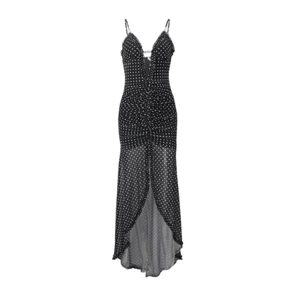 Black Backless V-Neck Polka Dot Maxi Dress