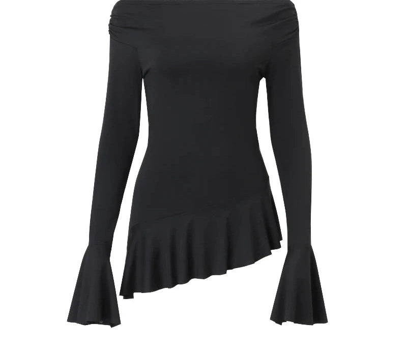 Ruffled Solid Flare Sleeve Off Shoulder Pullover T-shirt Top