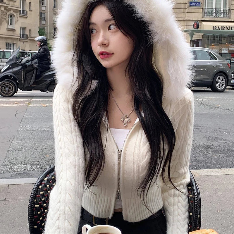 Zip Up Hoodie Coat with Fur Neck