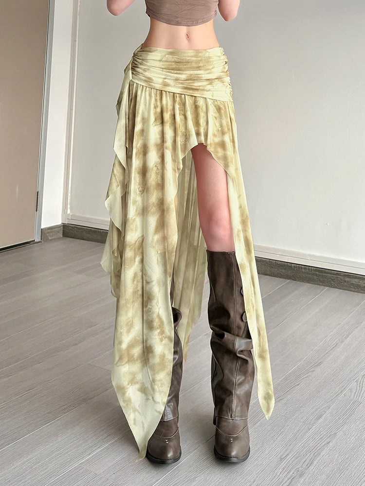 Irregular Hem Skirt Tie-Dye Print Tael Fold See Through Split Bottom
